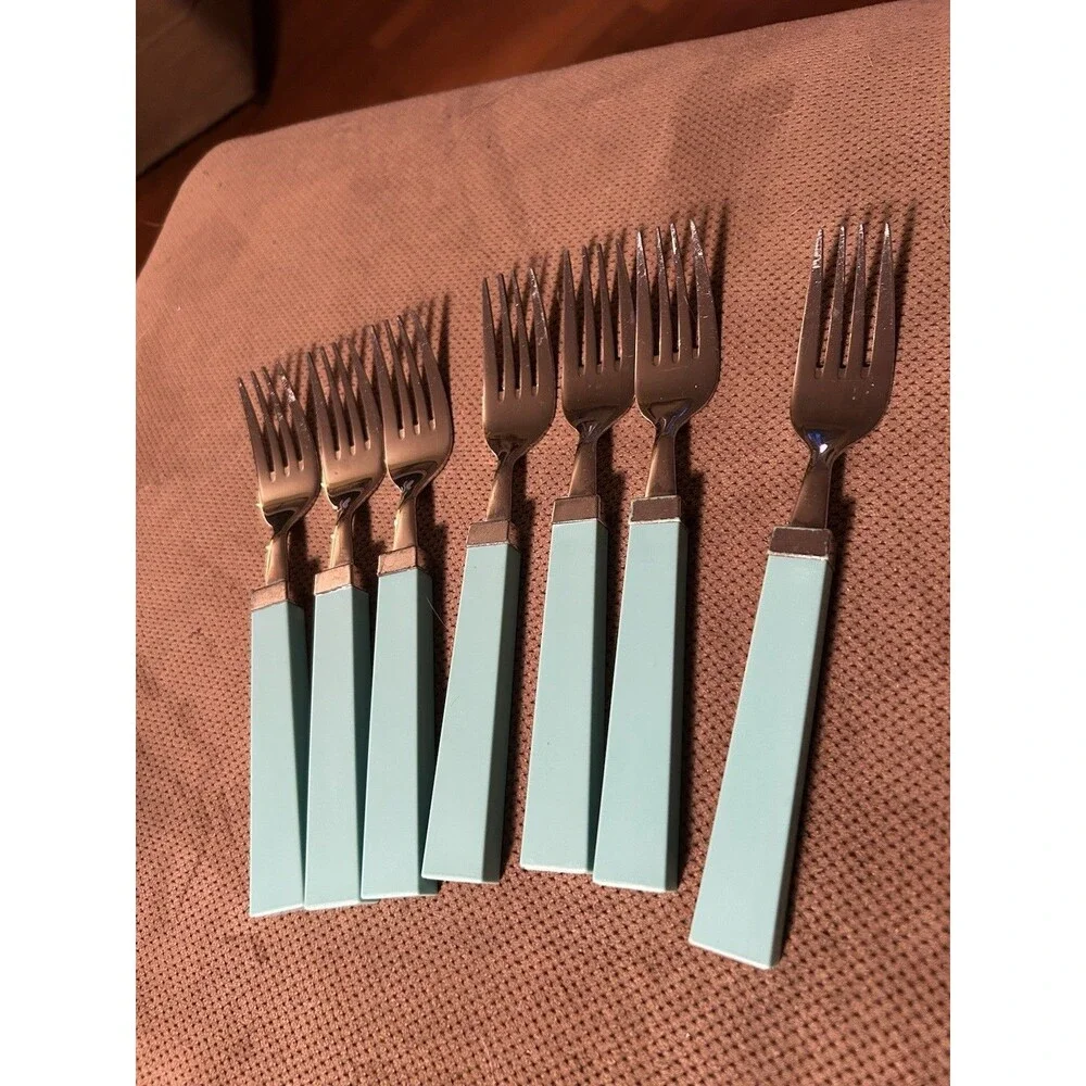 Vintage Aqua Blue Handle Stainless Steel Set 22 Retro Flatware Spoon Fork Knife